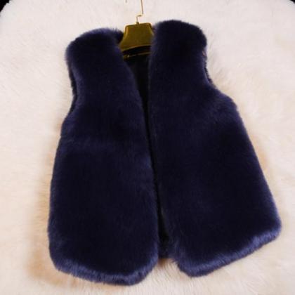 Warm Artificial Fur Vest Vest Coat Navy Blue