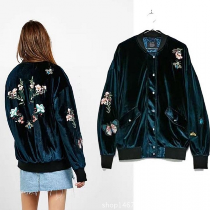 Shiny Floral Embroidered Bomber Jac..
