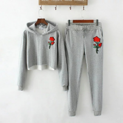 Embroidery Hooded Long-sleeved Sweater Women Suit