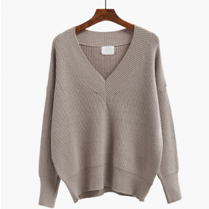 Knitted Plunge V Long Cuffed Sleeves Sweater
