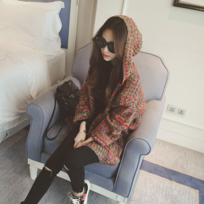 In The Long Section Sweater Coat Hooded Knitted..