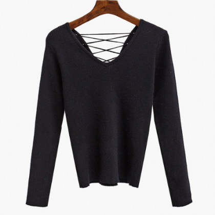 Plunge V Long Sleeved Top Featuring Criss-cross..