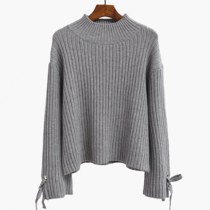 Knitted Mock Neck Lace-up Accent Long Flared..