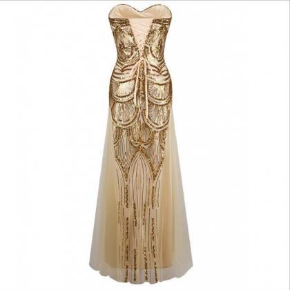Long Golden Dress Sequins Bind Strapless Evening..