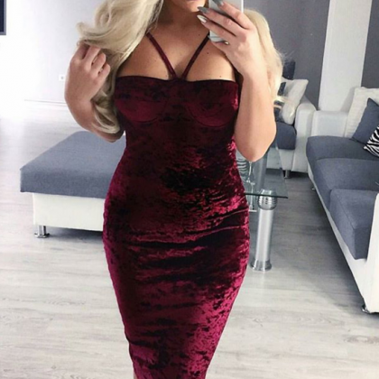 Autumn And Winter Sexy Strap Wine Red Dress