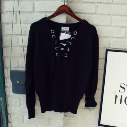 Knit Lace-up Plunge V Long Sleeved Sweater