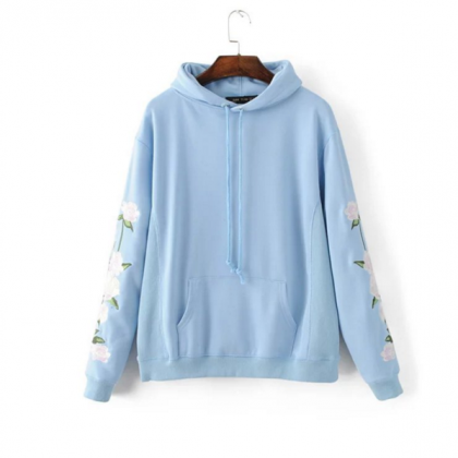 Floral Embroidered Sleeves Hooded Sweater
