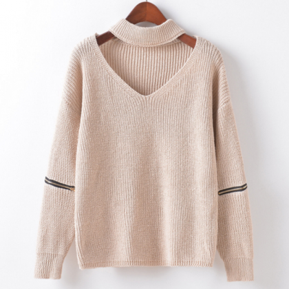 Autumn And Winter Solid Color Knit Shirt Neckline..