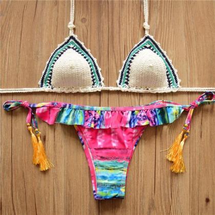 Fashion Knit Woven Two Piece Colorful Bikinis