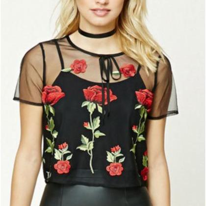 Floral Embroidered Mesh Top