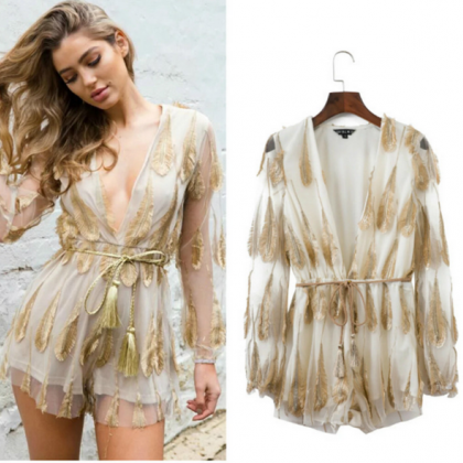 Fashion Feather Lace V Neck Long Sleeve Sexy..