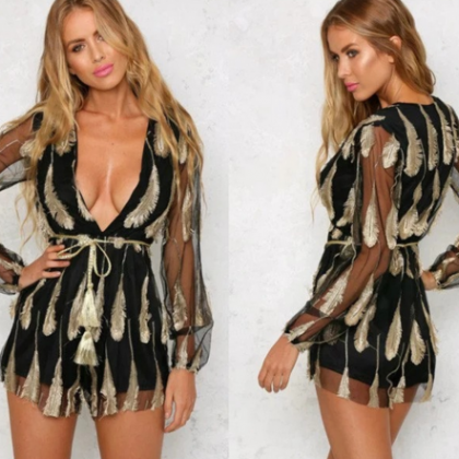 Fashion Feather Lace V Neck Long Sleeve Sexy..