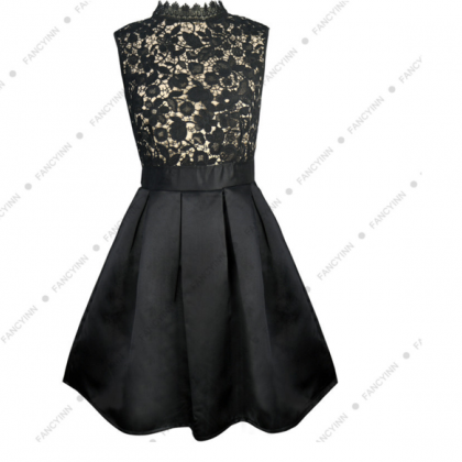 Fashion Sexy High Neck Lace Hollow Splicing Sleeve..