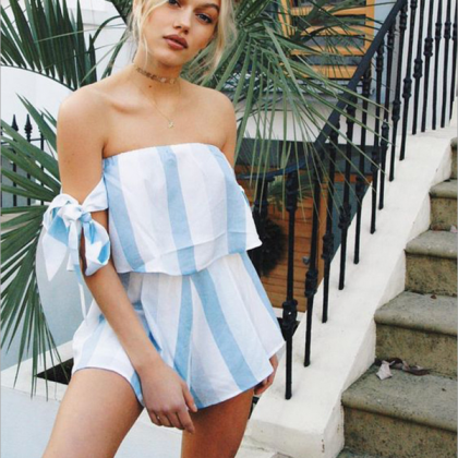 Blue And White Striped Off-the-shoulder Romper..