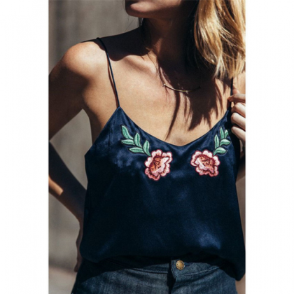 Fashion Sexy Straps Embroidery Flower Backless Top