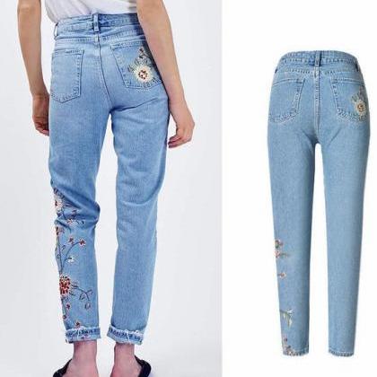 Floral Embroidered Mom Jeans - Jeans - Clothing