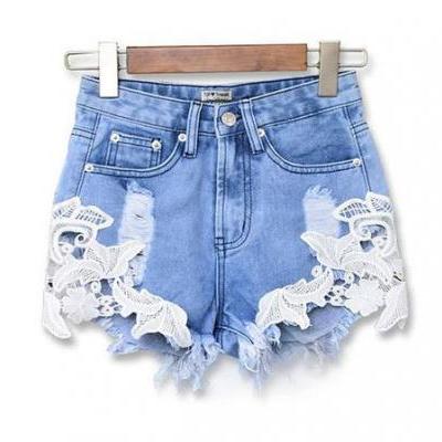 New sexy lace patchwork high waisted tassels ripped shorts jeans