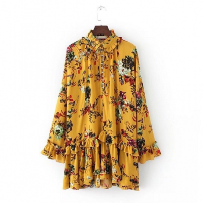 Mustard Yellow Floral Print Ruffled Long Sleeved Short Shift Dress Featuring Collared Neckline 