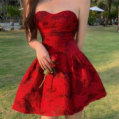 Red tube top print sweet and cool design dress with waist skirt