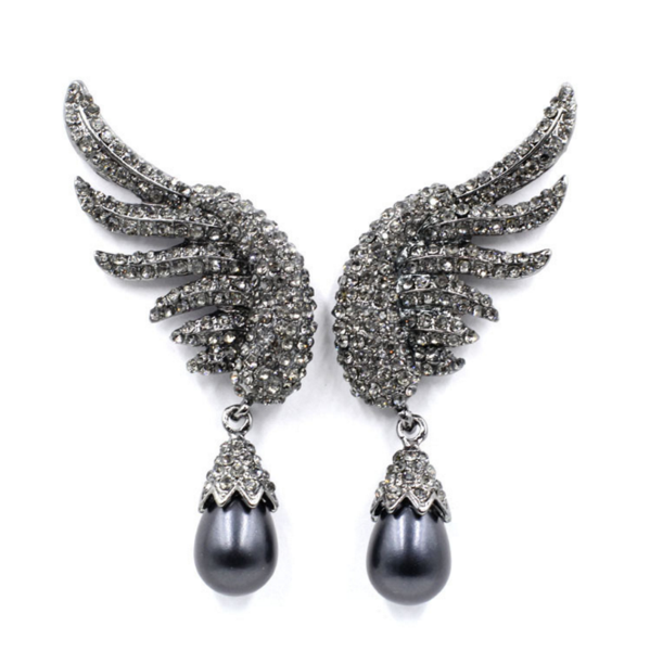 Fashion Angel wings of alloy diamond pearl pendant earrings Black White 2 color