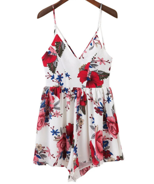 Fashion Sexy Straps Print Flower Backless Romper