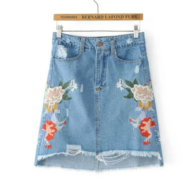Floral Embroidered High Rise Distressed Denim Short Skirt Featuring Raw Hem