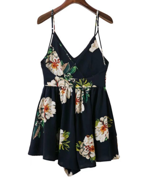 Floral Print Plunge V Spaghetti Strap Romper Featuring Criss-cross Open Back