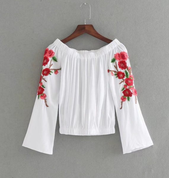 White Floral Embroidered Off-the-shoulder Long Sleeved Blouse