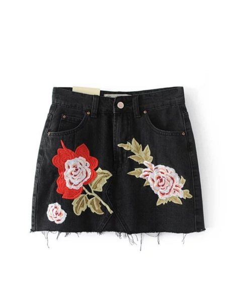 Black Floral Embroidered High Rise Denim Short Skirt Featuring Raw Hem