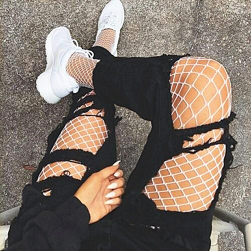 Black Temptation Conjoined Sexy Fishnet Stockings Tights Ripped Jeans