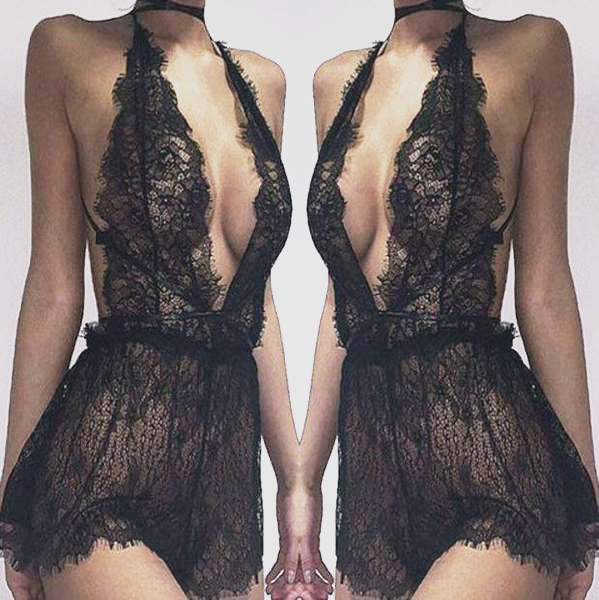 Sexy V-neck Halter Hollow Out Romper Jumpsuit