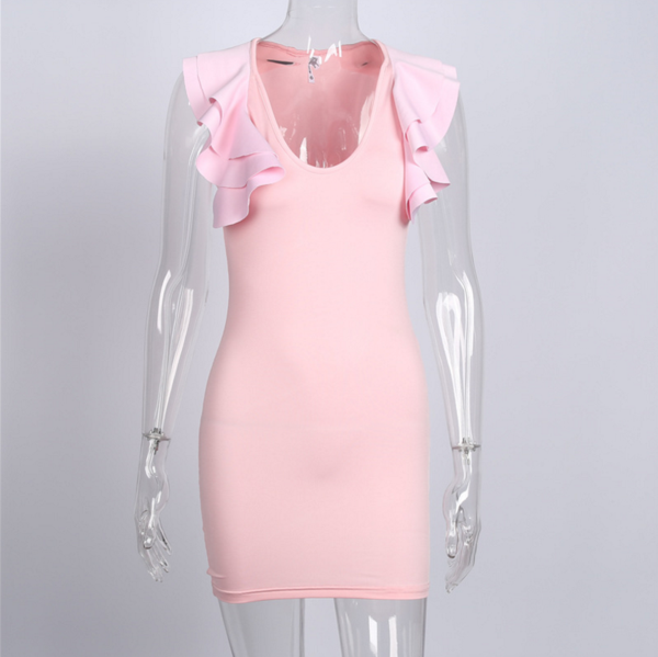 Sexy Pink Falbala Sleeve V Neck Show Thin One Step Dress