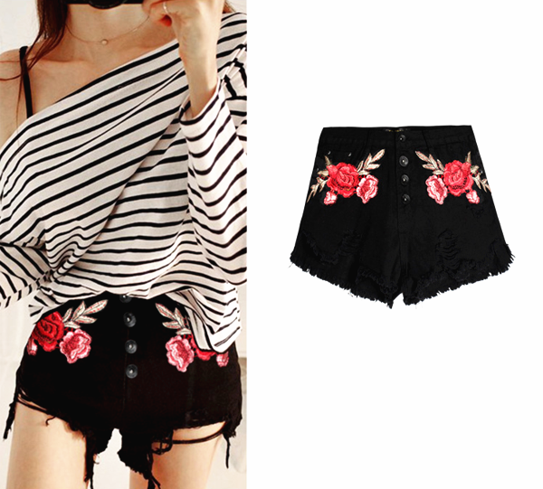 Fashion Sexy Floral Embroider Roses Black High Waist Shorts