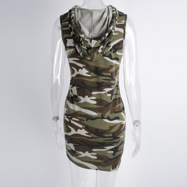 Fashion Print Casual Blouse Sleeveless Hooded Camouflage Vest Dress