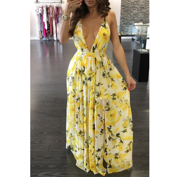 Fashion Sexy Straps Print Yellow Flower Backless Long Dress
