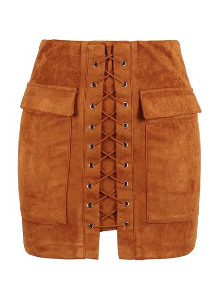 Brown Faux Suede Lace-up Front Short Pencil Skirt