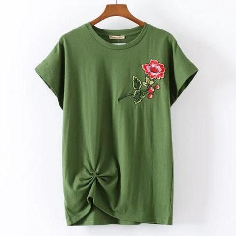 Women 's Rose Flower Embroidered Hem Folded Short Sleeve T - Shirt