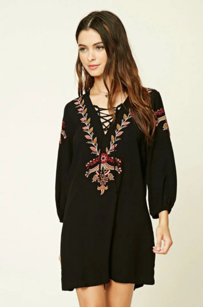 Lace-up Embroidered Short Shift Dress With Long Sleeves