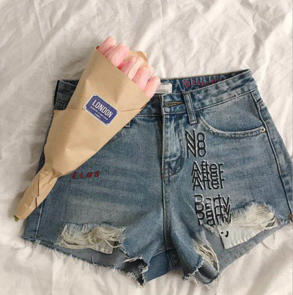 2017 Summer Women's Fashion Print Embroidery Holes Denim Blue Shorts