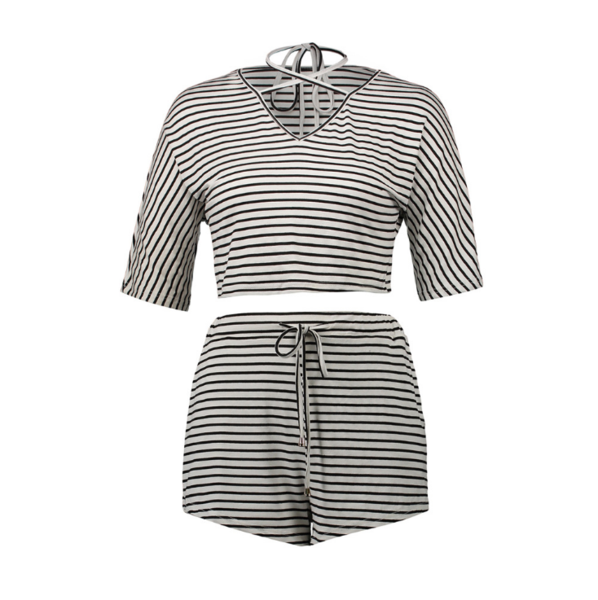 V Collar Exposed Umbilical Banded Stripes Thin Shorts Shorts Shorts Cotton Summer Set