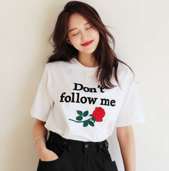 Don't Follow Me Rose Embroidered White T-shirt