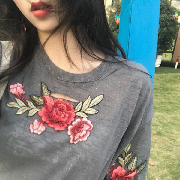 Rose Embroidered Crew Neck Half Sleeved T-shirt Featuring Distressed Detailing