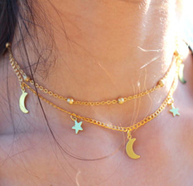 Womens Retro Moon & Stars Choker Necklace