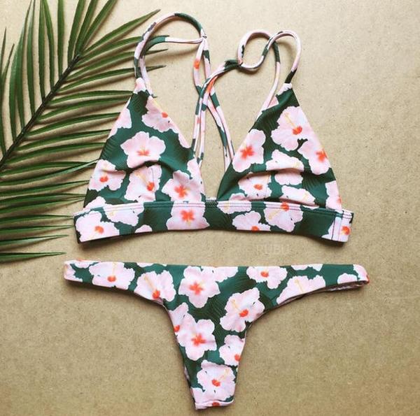 Summer Sexy Women Bikini Small Flower Swimsuit Rope Cross Backless Swimwear