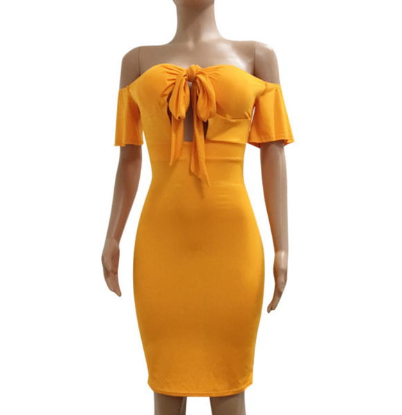 Fashion Sexy Ladies Bow Dress Off Shoulder Orange Dress