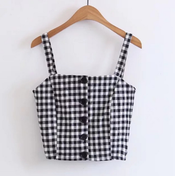 Black White Gingham Button Front Shoulder Strap Cropped Top