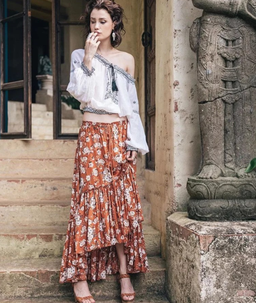 Floral Print Chiffon Ruffled High Low Midi Skirt