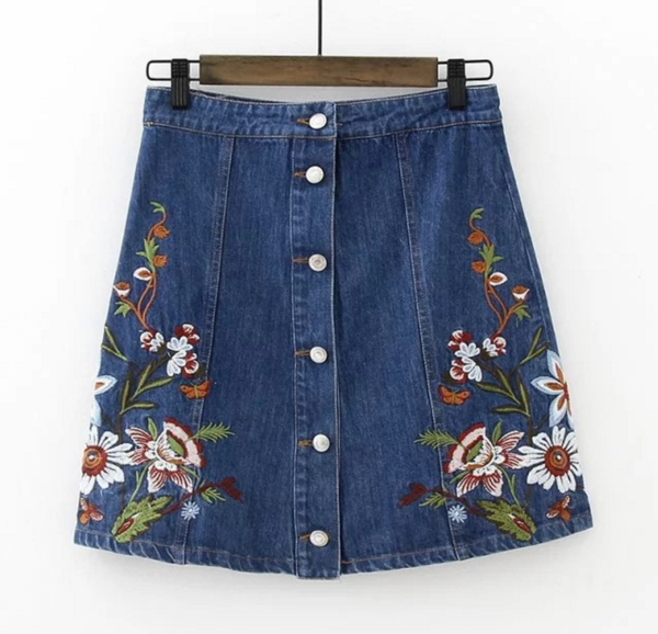 Floral Embroidered Denim Button Down Short A-line Skirt