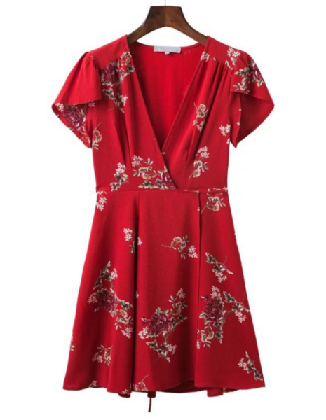 Women's Deep V-neck Summer Red Print Short-sleeved Dress