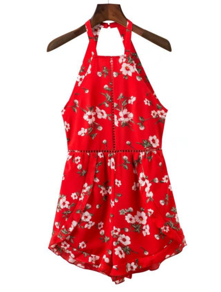 Red Floral Print Halter Neck Romper Featuring Tie Accent Open Back